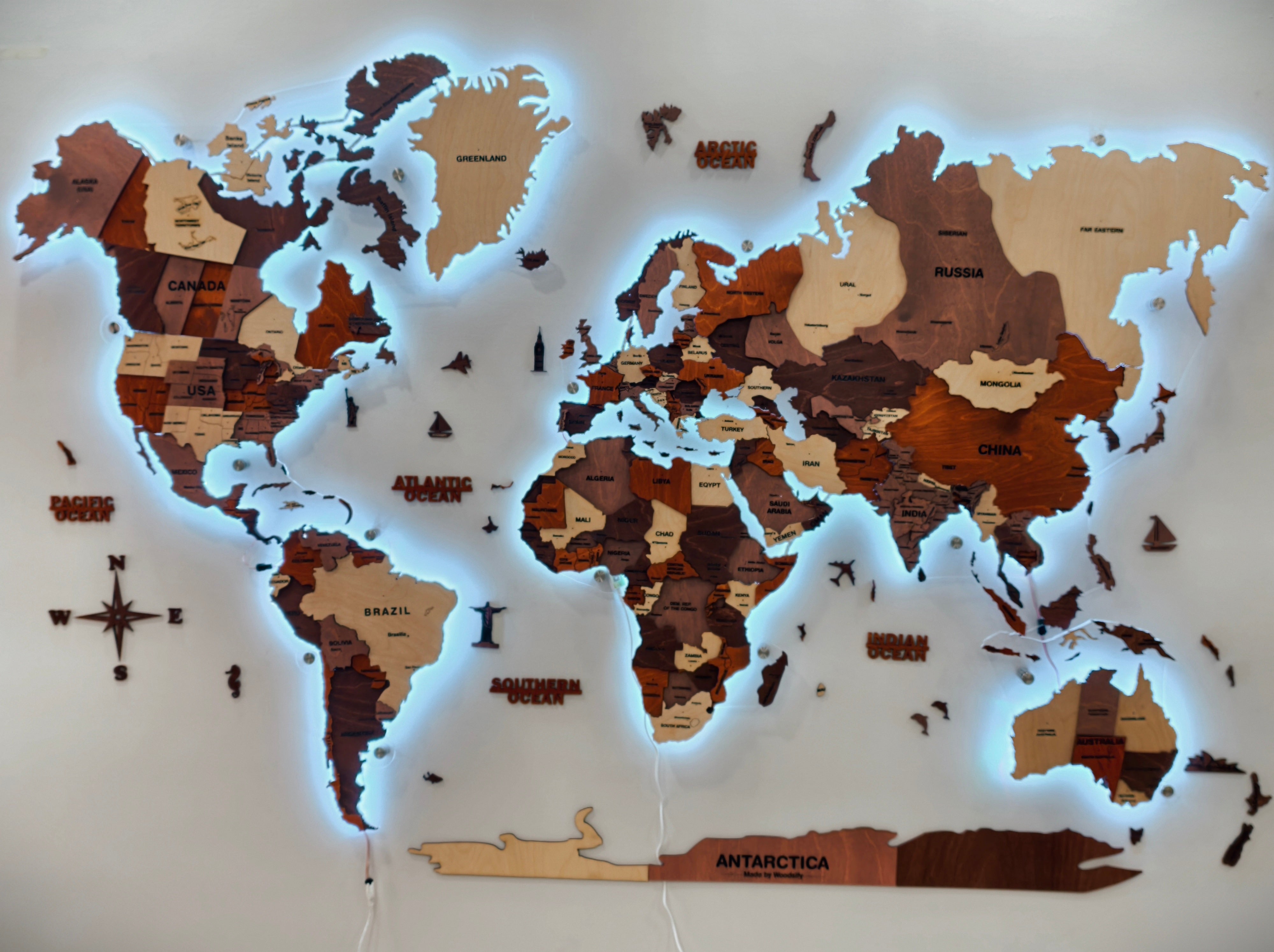 Map My Led Home 3D LED Wooden World Map -Multicolour