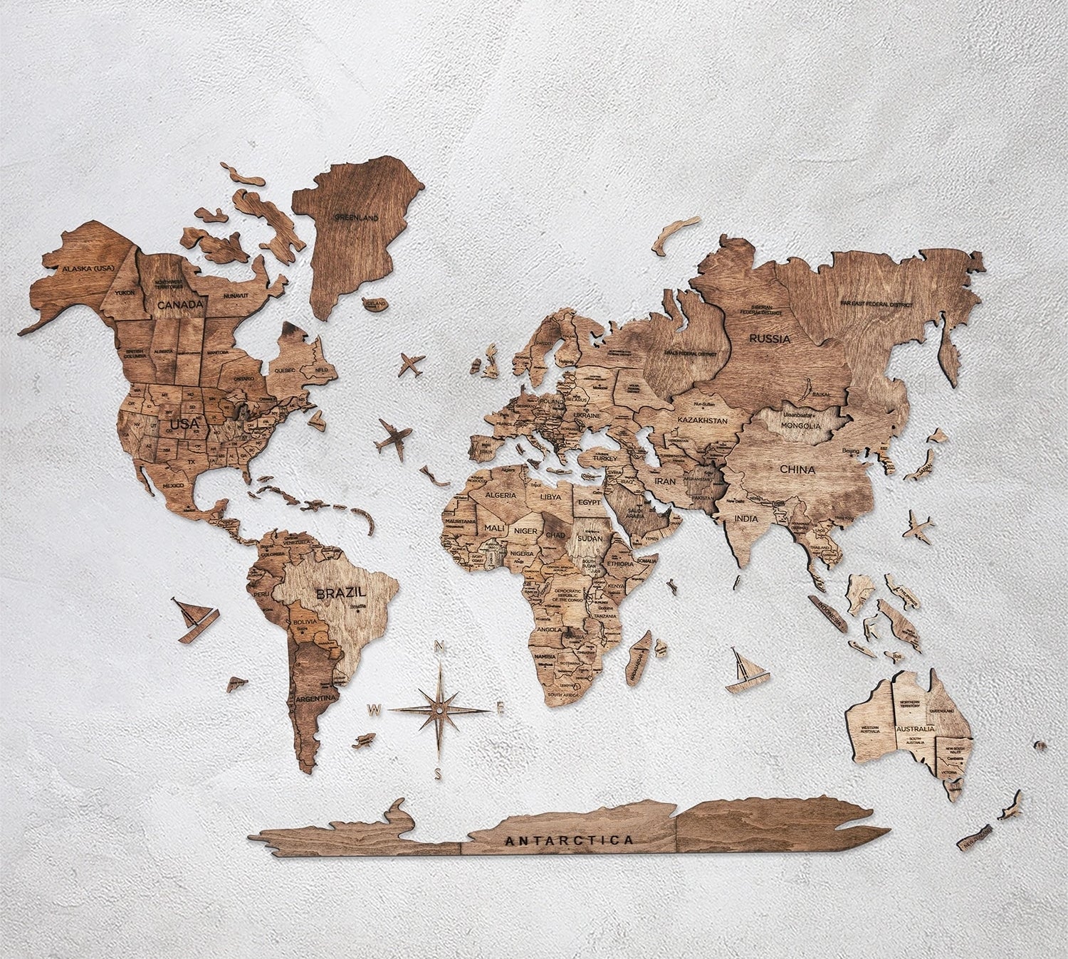 3D Wooden World Map Walnut